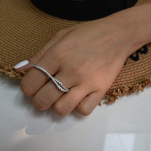 Double Finger Diamond Ring Sterling Silver 925 - Picture 1 of 4